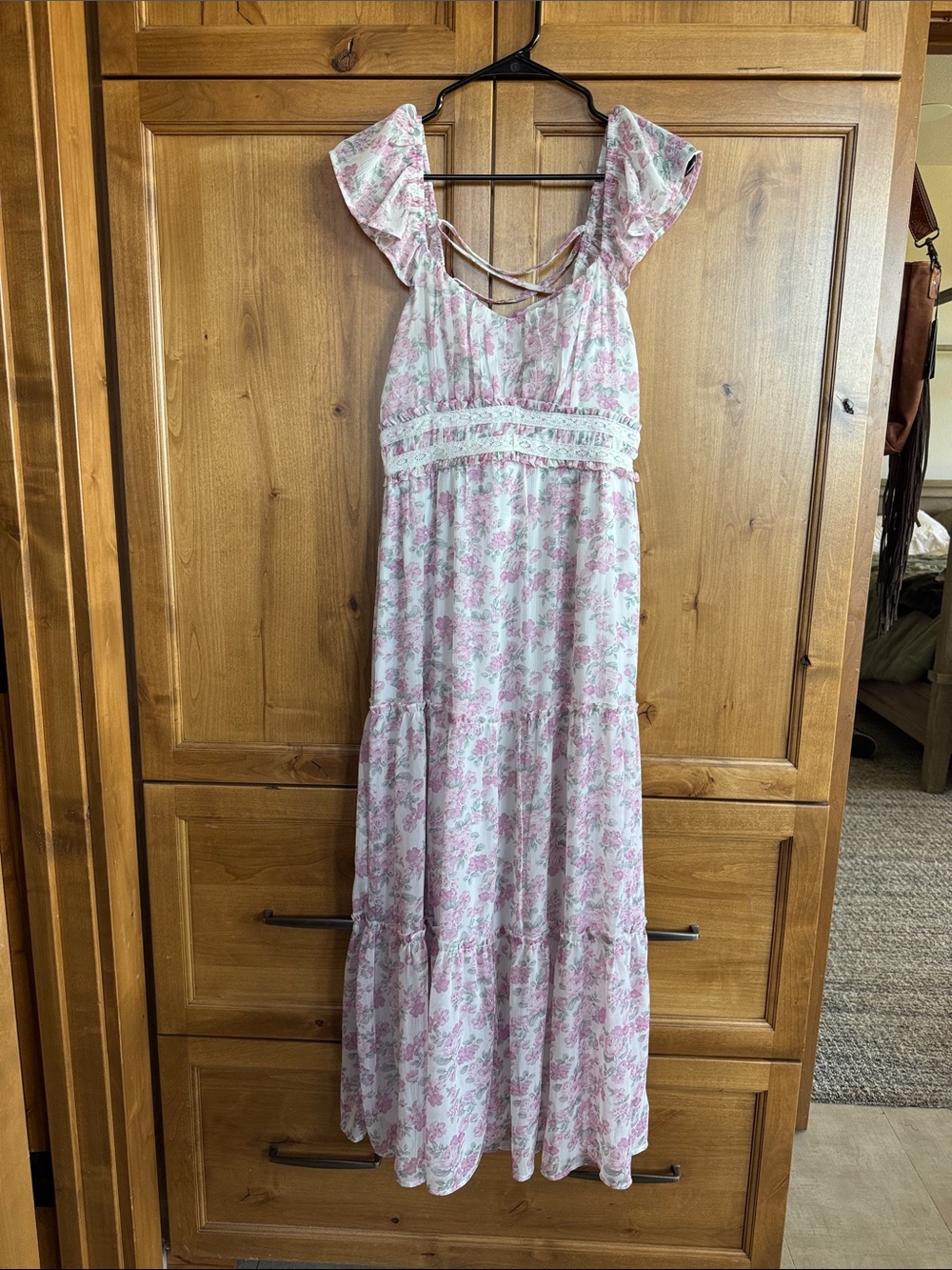 Altar’d State Marianna Floral Ruffle Maxi Dress in Pink and White